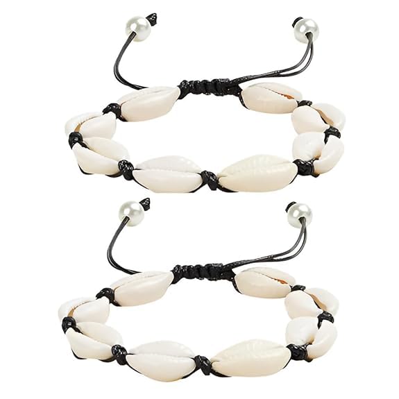 BLACK Shell Anklet Bracelet Adjustable Beach Rope Handmade Foot Jewelry for Women Girls 2Pcs (Black Rope Anklet Bracelet)-image-8