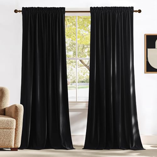 NICETOWN Black Velvet Blackout Curtains 96 inch Long for Living Room and Bedroom, Thermal Luxury...