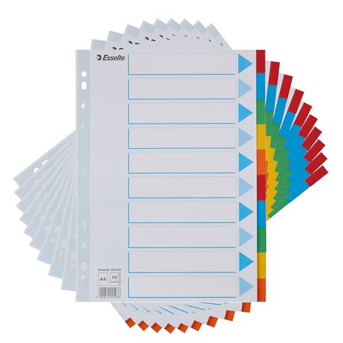 Esselte 10 Packs A4 Card File Dividers, 10 Parts Coloured Folder Dividers with Identification front Sheet, for Ring Binders and Lever Arch Files, Made from Durable, Recycled Card