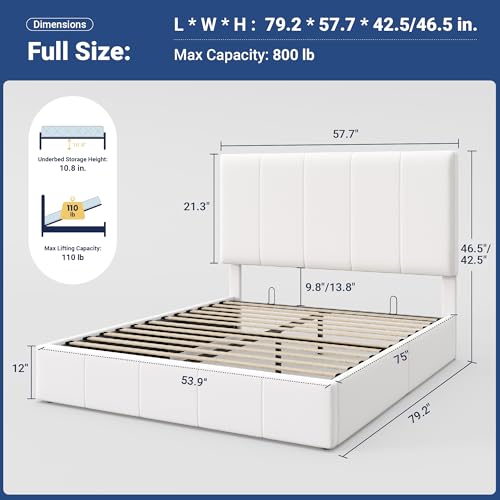 Image of Allewie Full Size Velvet Lift Up Hydrualic Storage Bed Frame, White
