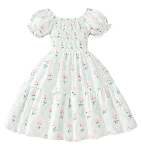 Toddler Baby Girls Summer Floral Dress Kids Puff Sleeve Square Neck Smocked Flowy Sun Dresses 2-8 Years
