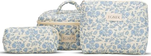 3 Piece Quilted Makeup Bag with Cute Vintage Floral for Travel, Toiletry Pouch, and Cute Cosmetic Bags, Compact Design and Stylish