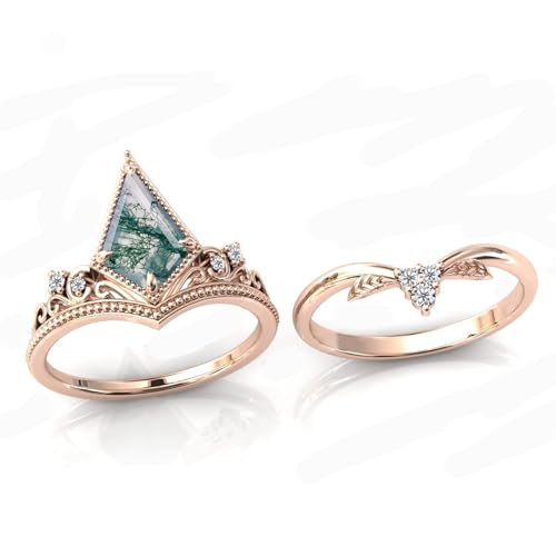 Natural Moss Agate Engagement Black Ring Set for Women 925 Sterling Silver Genuine Green Moss Agate Bridal Rings Set for Her with Engraving Moss Agate Promise Wedding Ring Set Size 4-152