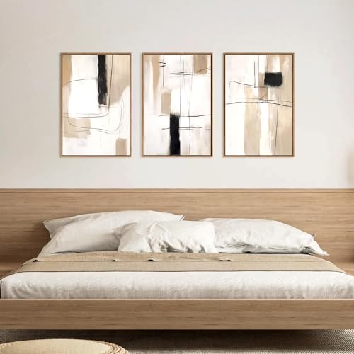 CHDITB Wooden Framed Abstract Yellow Gray Canvas Wall Art,Set of 3 Modern Abstract Canvas Wall Poster,Black and White Wall Prints,30x40cm Neutral Minimalist Wall Decor for Living Room,Bedroom,Office - Image 3