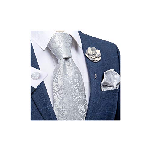 Image of DiBanGu Silk Ties for Men Necktie and Lapel Pin Brooch Set Formal Woven Paisley Plaid Striped Solid Tie Wedding Party