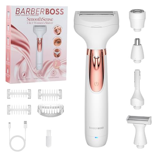 BarberBoss Afeitadora Eléctrica 5 en 1 para Mujer, Kit de Depilación Recargable, Afeitadora Femenina para Cuerpo, Bikini, Rostro, Nariz y Cejas, Afeitadora Inalámbrica Mujer en Seco y Húmedo, QR-8005