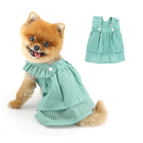 PAIDEFUL Small Dog Double-Layer Dress Fashion Striped Pet Princess Skirt Lightweight Breathable Puppy Strap Shirt with Ruffles Soft Cozy Doggie Clothes Summer Chihuahua Outfits Cat Apparel,Green,M