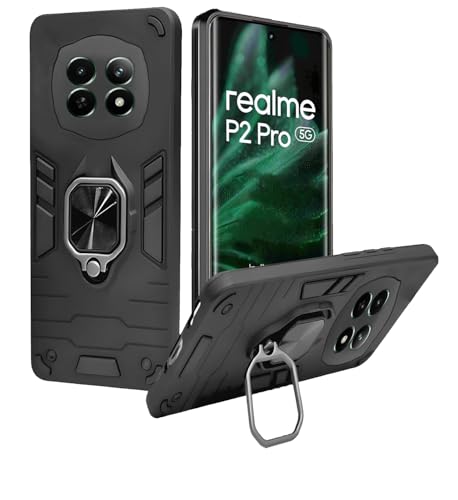 Image of A rtistque Armor Bumper Back Case Cover for Realme P2 Pro 5g | Stylish Ring Holder & Stand | Shockproof TPU Protective Design | 360 Protection | Realme P2 Pro 5G Back Cover - Black