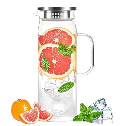 HwaGui Glaskaraffe 1500ml Borosilikatglas Karaffe mit Edelstahl Deckel Glaskrug für Wein Saft Milch Kaffee