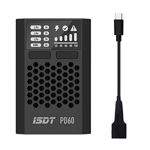 FancyWhoop ISDT PD60 Lipo Chargeur 60W 6A Chargeur de Balance de Batterie Entrée de Type C avec câble de Type C à XT60 pour Batterie 1-4S Lipo LiHV Life NIMH / CD Drone de Course de Voiture RC