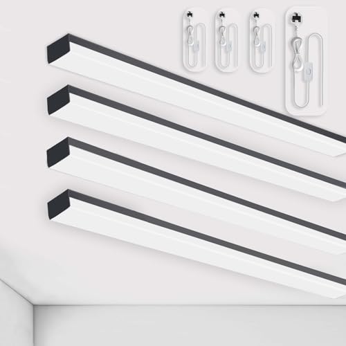 BrightFly Full-Screen LED Batten Light 5FT, Linkable Plug in Ceiling Light, 45W 5050lm 3000K/4000K/6500K Selectable, LED Strip for Garage Office Living Room Kitchen Shed (Black, 4-Pack)