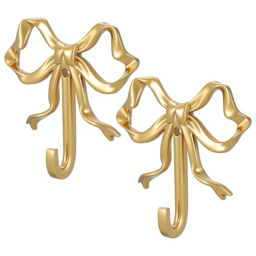 PercyEffie 2pcs Bow Hook Bowknot Brass Hook Gold Wall Hooks for Hanging bow stocking hold for wall Coat Hat Towel Hats, Bags, Bath Towels and Room Decorations Brass Coat Hanger Decorative for Christma