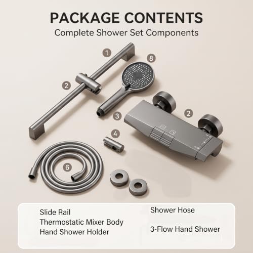 Image of InArt Thermostatic Shower Set for Bathroom, Wall Mounted Shower Mixer with 3-Flow Hand Shower, Adjustable Slide Rail, 1.5 m Hose, Push Button Control, Premium Gun Grey Finish