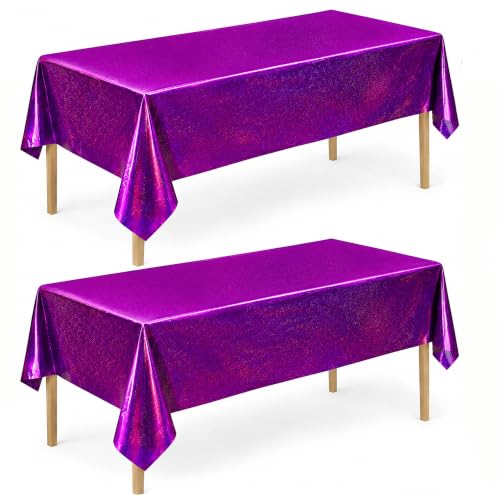 Image of OHOME 2 Pack Laser Pink and Purple Tablecloth - Birthday Party Decorations | Purple Party Decor for K-Style Demon Music Theme Birthday | Iridescent Party Decorations for Bridal Wedding Halloween
