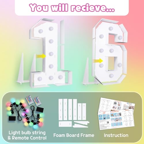 Image of Imprsv Colorful 3FT Marquee Numbers Light up Numbers 16 Birthday Decoration | RGB with Remote, Party Decorations Anniversary Wedding Decorations Assembly Required Foam Board 38 Pcs Accessory Set
