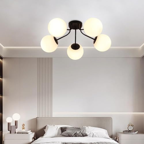 Image of Prop It Up Modern Globe Ceiling Light, 5-Light Semi Flush Mount, Black Metal Frame with White Glass Shades, Without Bulb