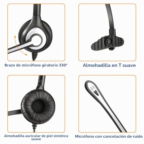 Cascos para teléfono fijo RJ9 Wantek mono ideales para teletrabajo y atención al cliente 5