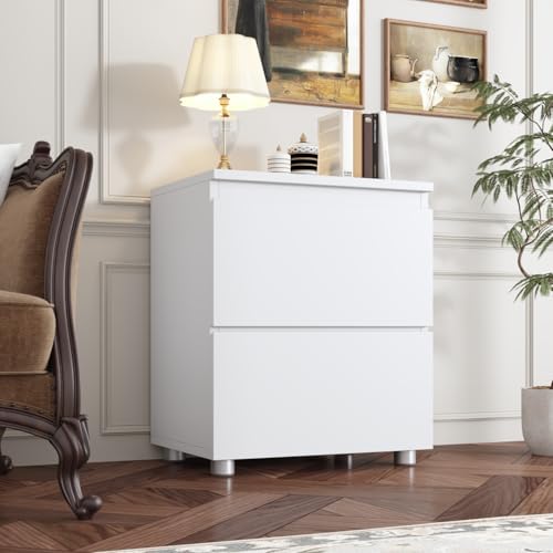 Image of Modern Nightstand with 2 Drawers, Modern Handleless Bedside Table for Small Spaces, Compact Wood End Table for Bedroom, White 15.7 inch W x 11.6 inch D x 18.9 inch H