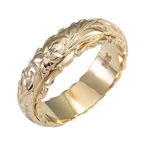 Dainty Engraved Plumeria Flower Ring, 14K Gold Plated Hawaiian Princess Plumeria Flower Scroll Promise Ring Stackable Wedding Engagement Band Jewelry for Women or Men