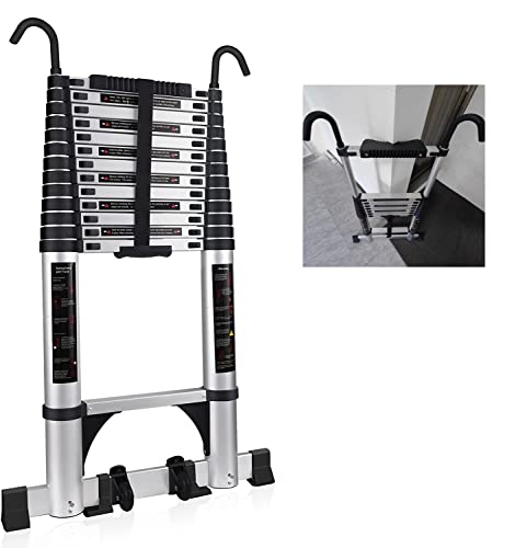 Nestling Échelle Télescopique 4,7m, Échelle en Aluminium avec Roues, Supports Muraux et Crochets, Échelle D'extension Compacte Bultifonctionnelle, Charge Maximale 150kg/330lb