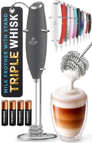Image of Zulay Kitchen Powerful Milk Frother Wand With Duracell Batteries - Ultra Fast Handheld Drink Mixer - Electric Whisk Foam Maker for Coffee, Lattes, Cappuccino & Matcha - Triple Whisk - Onyx Slate