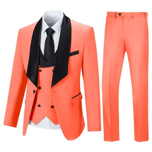 Mens 3 Piece Slim Fit Suit Shawl Collar Tuxedo Suits One Button Blazer Wedding Dinner Prom Party Jacket Vest Pants