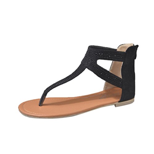 OHQ Sandalias para Mujeres Sandalias Planas con Cruz Romana En Punta De Mujer Mujeres Diamante Cremallera Baja Plana Chanclas Sandalias De Playa Bohemia Zapatos Cómodo Y Elegante (40, Negro)