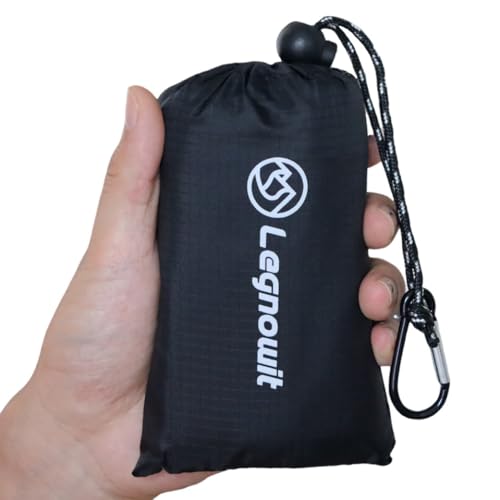 Legnowit Outdoor Pocket Blanket, 55'x39' Waterproof Foldable Compact Small Pincic Blanket, Ultralight Tarp for Camping, Festival, Beach, Hiking, Backpacking, Travel and More, Stakes Included (Black)