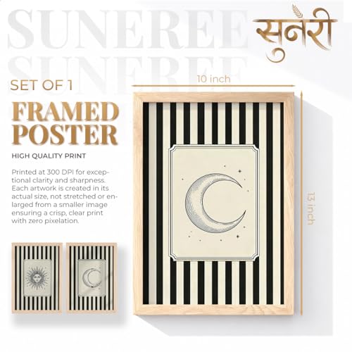 Image of Suneree Celestial Sun and Moon Wall Art Set of 2 Framed Paintings | Black Striped Tarot Style Illustration Poster | Boho Bedroom Living Room Home Decor (Art 7, 10x13 Inches)