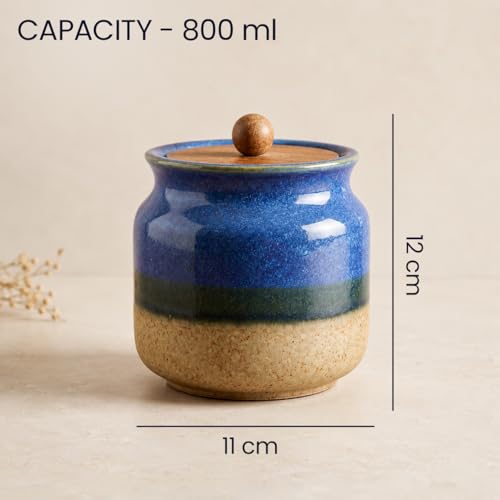 Image of The Earth Store Rustic Blue Ceramic Jar Set of 2 (800ML) kitchen storage containers, airtight jars for kitchen, Ideal for Spices, Sugar, Cookies & Pickle Storage