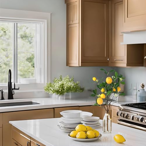 Laelfe Artificial Lemons Branches, 8 Head Faux Lemons with Stem Fake Lemon Themed for Kitchen Decoration Party Farmhouse Decor (Yellow)