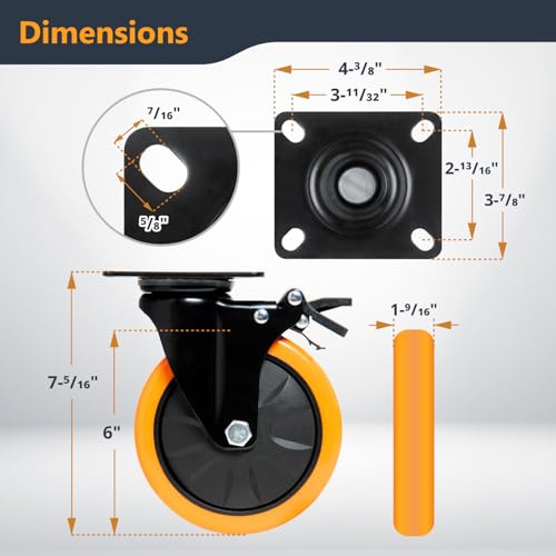 Image of POWERTEC 6 Inch Swivel Caster Wheels Set of 4 with Dual Locking Brake - 1390 lbs Loads Heavy Duty Industrial Grade - Ideal for Heavy Equipment, Automotive Workshop, Cart, Dolly and Workbench (17216)