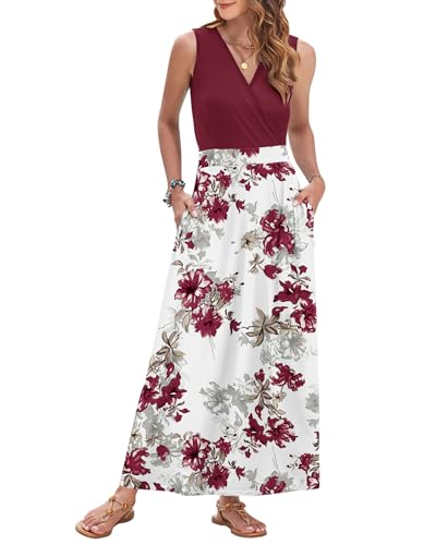 Image of AUSELILY Womens Maxi Dress Summer Sleeveless Wrap Long Dresses with Pockets | V-Neck Wrap Sleeveless Sundress, fits formal, casual, beach, vacation & daily wear