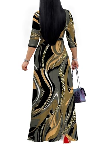 Image of PinkPatty Women's Plus Size Maxi Dresses Casual Flowy 3 /4 Sleeves Dress Printed Vacation Dress for Daily Wear with Belt