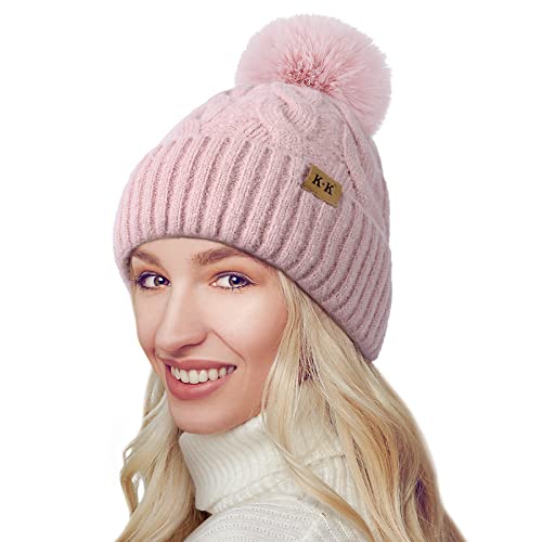 Wintermützen für Damen – Warme Strickmütze mit Bommel, Fleecefutter, Thermo-Beanie-Mützen, weiche Ski-Manschettenmütze für Damen mit Bommel