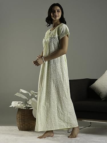 Image of 9shines Label Stylish Chikankari Cotton Nighty Maxi for Women | Full Length Nightgown | Nightdress with Pocket | Embroidery Nighty | Soft Comfortable Cotton Nightwear (1545)