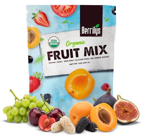 Berrilys Dried Fruit Mix USDA Organic, 1 Lb of Diced Figs, Apricots, White Mulberries, Sultanas, Sour Cherries - No Sugar Added, Non-GMO, Perfect for Baking, Oatmeal, Trail Mix & Snacking