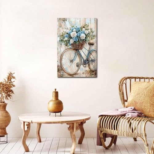 Tableau sur toile vintage vélo et roses bleues 80x120cm sans cadre pour salon