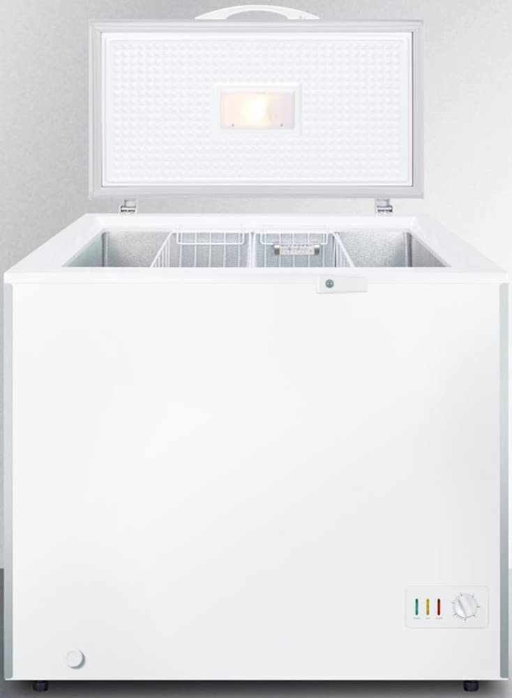 Summit Appliance SCFM73SL Commercially listed 6.7 cu.ft. Chest Freezer in White with Stainless Steel Corner Guards, Manual Defrost, Stainless Steel Look Lid, Interior Light, and Lock on Fridge.com