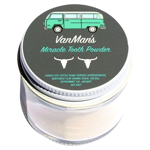 Vanman’s - Mint and Bone Tooth Powder Toothpaste - Remineralizing Tooth Powder with Cattle Bone Derived Hydroxyapatite, Bentonite Clay, Peppermint Oil and Baking Soda - 2.2 oz