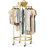 Rolling Round Garment Rack, Freestanding Double Space Multi-Purpose Retail Clothing Rack with Wheels and Topper, Heavy Duty Commercial Clothing Organizer for Retail Boutique Bedroom (Gold)