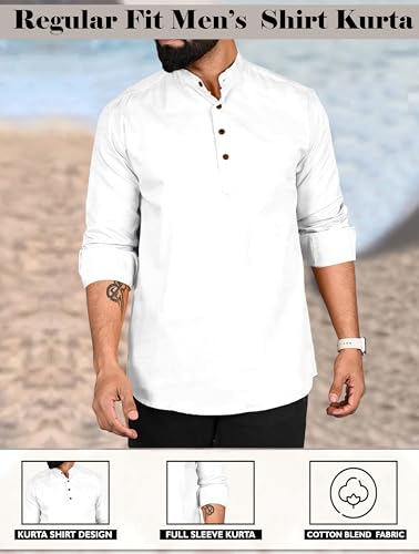 Image of ROYALSCOUT Men Cotton Blend Short Kurta with Mandarin Collar and Button Placket | Full Sleeve Regular Fit Ethnic Wear for Casual and Festive Use