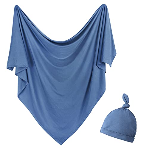 Image of OWLOWLA Newborn Swaddle Set Stretch Wrap Swaddle Receiving Blanket for Baby Boy Girl(Steel Blue)