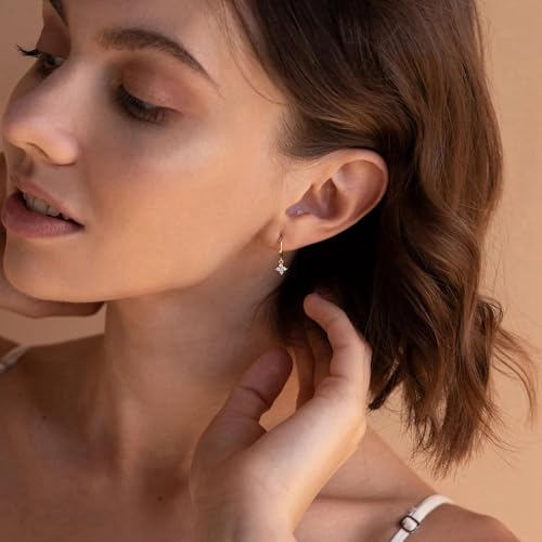 Gold Hoop Earrings for Women Trendy Small Huggie Earrings 14K Gold Plated S925 Sterling Silver Earrings for Women Hypoallergenic Drop Dangle Diamond Flower Cubic Zirconia Earrings Jewelry Gifts - Image 4