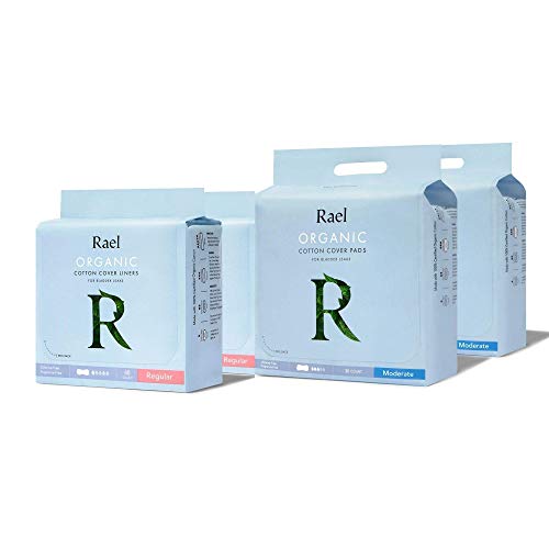 Rael Organic Incontinence Bundle Pack - Regular Liners 2 Pack and Moderate Pads 2 Pack, Bladder Control and Postpartum, 4-Layer Core Protection with Leak Guard Technology (156 Count)