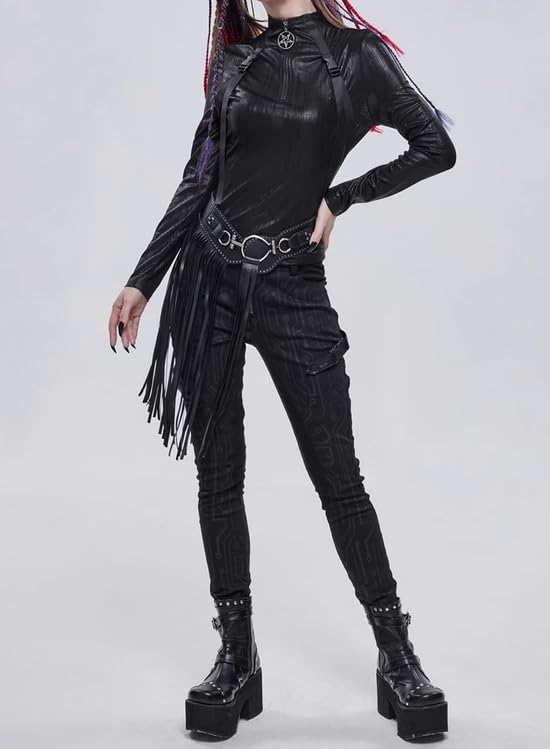 KESYOO 1pc Punk Style Leather Tassel Skirt Fashionable Leather Rivet Wide Belt with Tassel (Black Size L 68-75CM (Waist))2