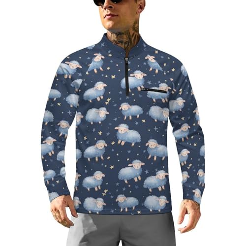 Cute Watercolor Star and Sheep Men's Sun Protection Shirts UV SPF UPF 50+ Long Sleeve Rash Guard Lightweight