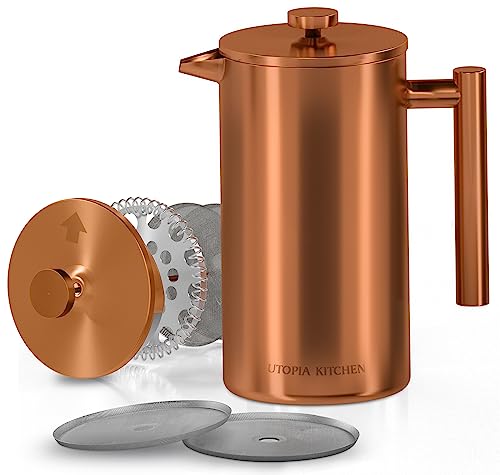Kitchen Stainless Steel French Press Coffee and Tea Maker - 50 Oz, Camping, Cold Brew, Portable Travel Coffee Press - Copper Tea Press Gift