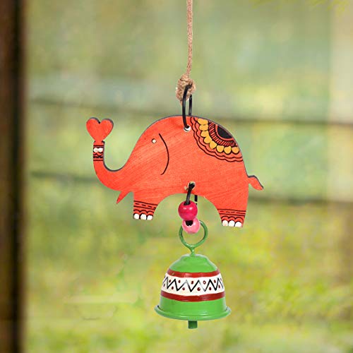 Image of Aakriti Art Creations Elephant Wind Chime with Metal Bell | Modern Art Handmade Wooden & Metal Wind Chime in Orange | Matte Decorative Wind Chimes for Balcony, Garden & Home