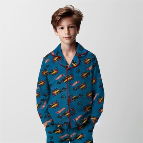 Hot Wheels Boy's Pajama Set - 2 Piece Flannel Coat Style Matching PJs, Toddler & Kids Button Down Pajamas - Official License Blue - image 2